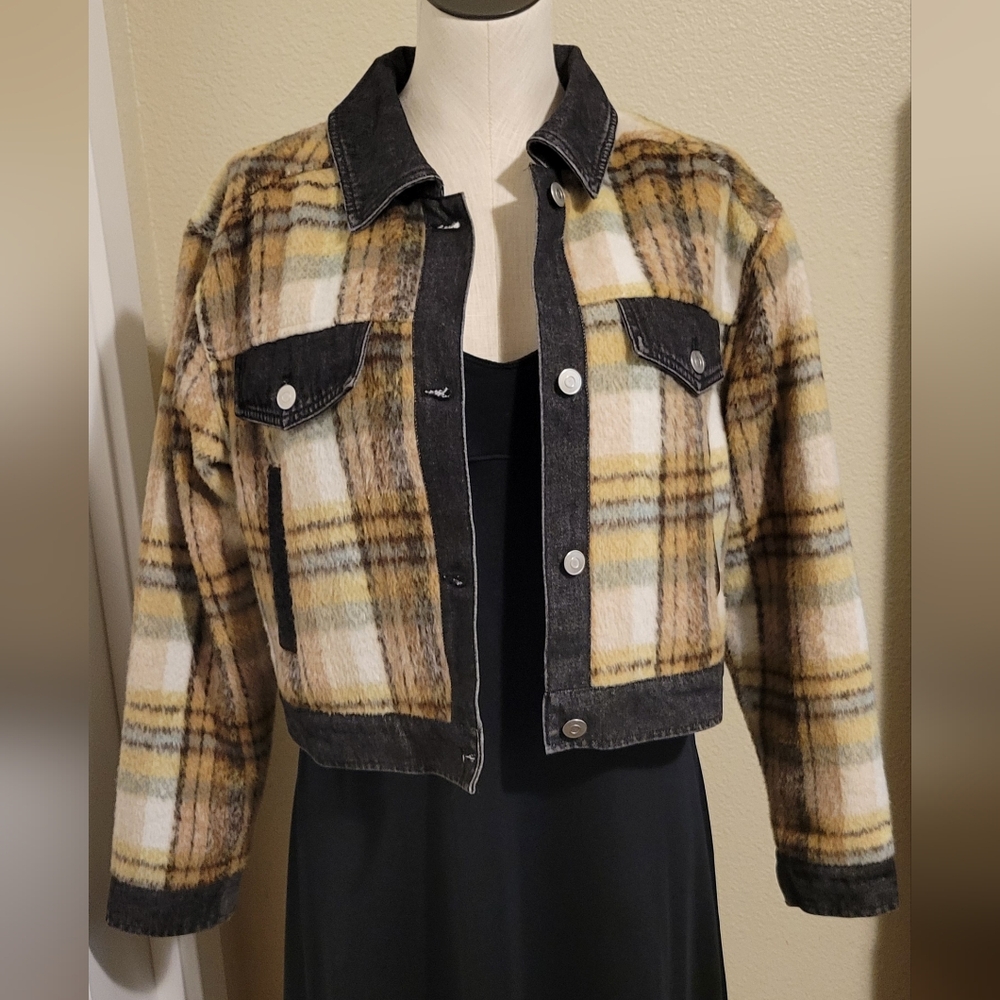 7 for all man kind denim and faux fur plaid jacket.